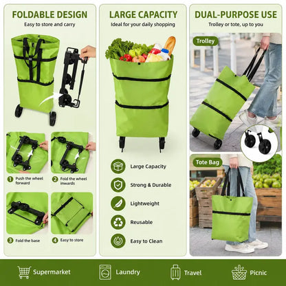 🎁💖【10inch*18inch】Foldable Shopping Trolley Bag with Wheels, Portable Reusable Grocery Tote, Lightweight