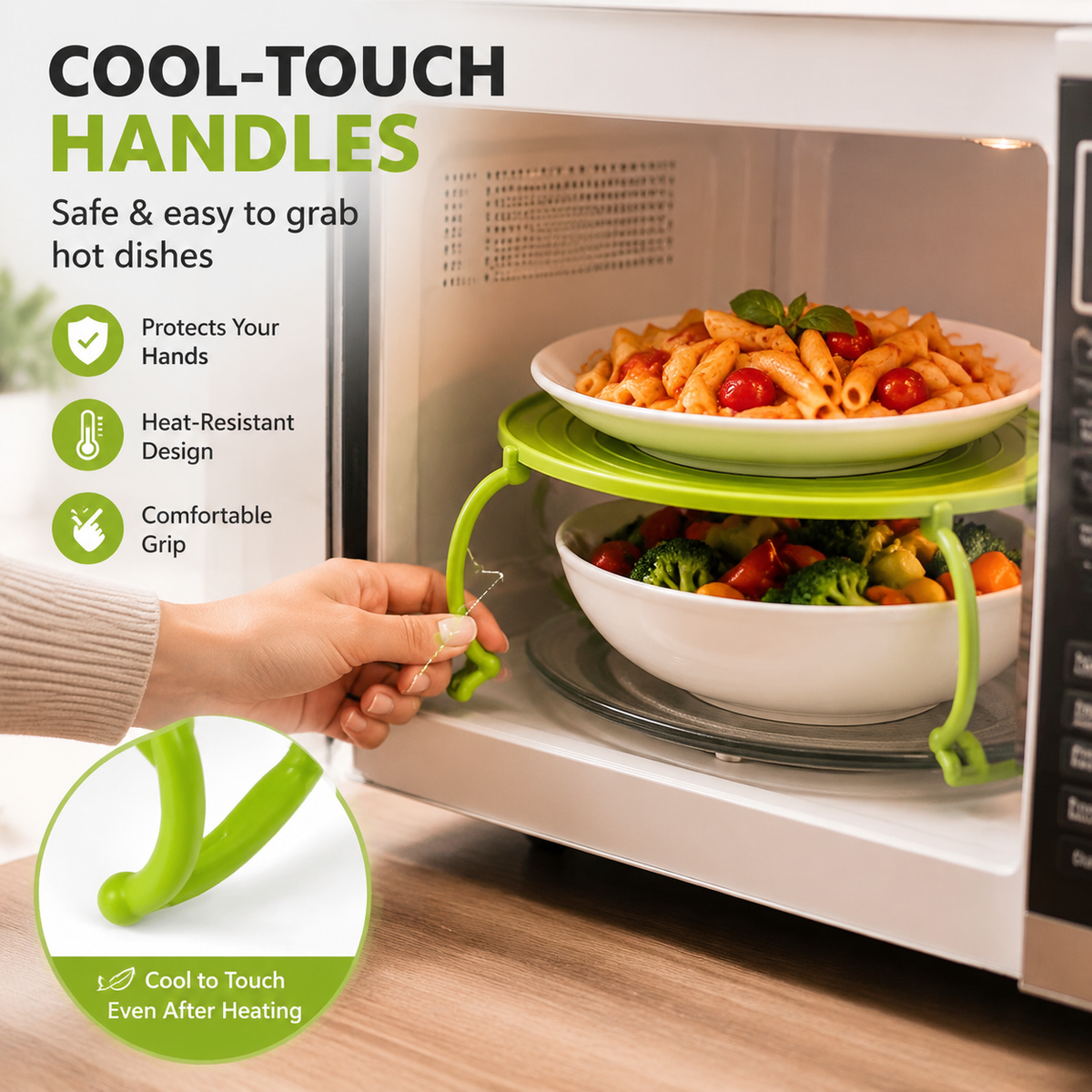 🍽️ Foldable Microwave Plate Stacker – 2-Level Heating Rack with Cool-Touch Handles for More Kitchen Space - image 3