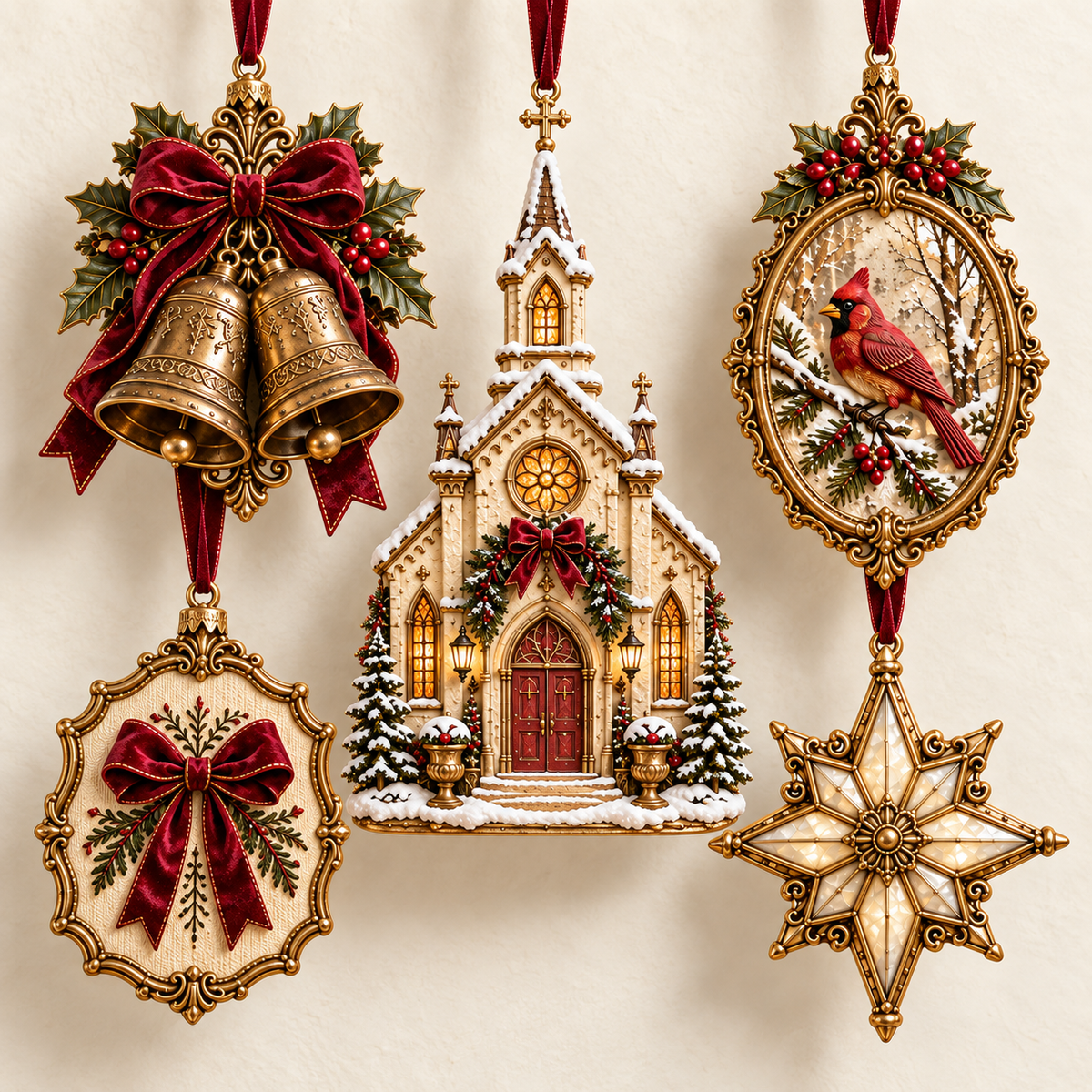 2026 Vintage Christmas Ornament Set – 5 Elegant Designs in Burgundy & Gold
