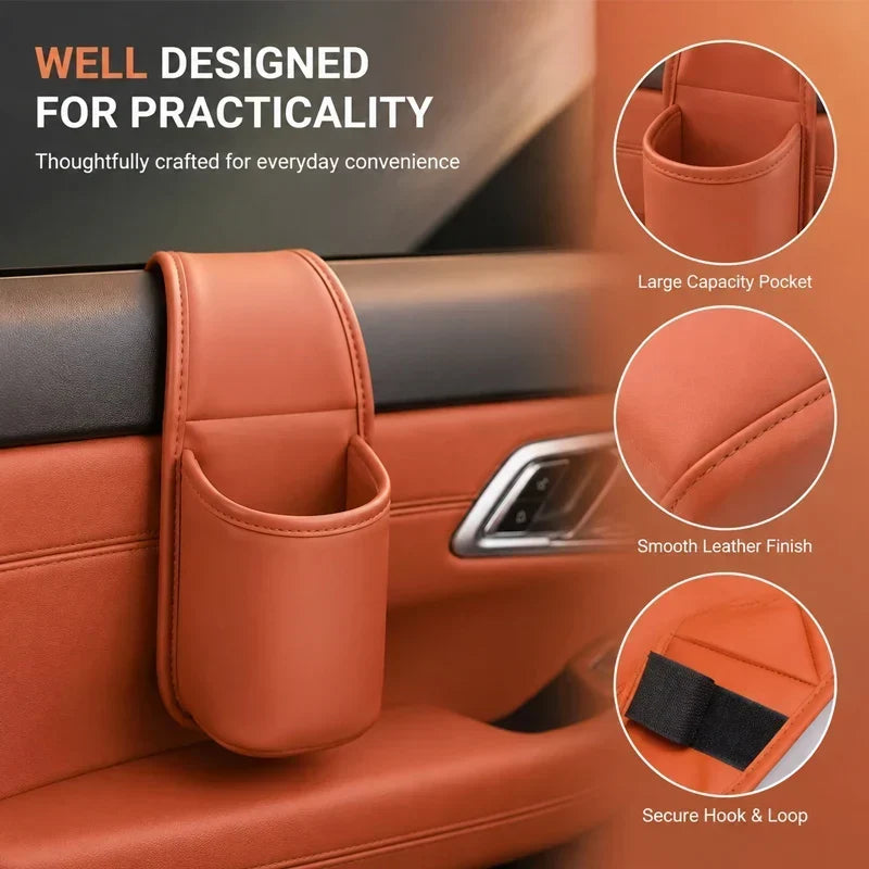 Leather car door storage pocket - double-layer compartments, scratch-proof flannel lining💼