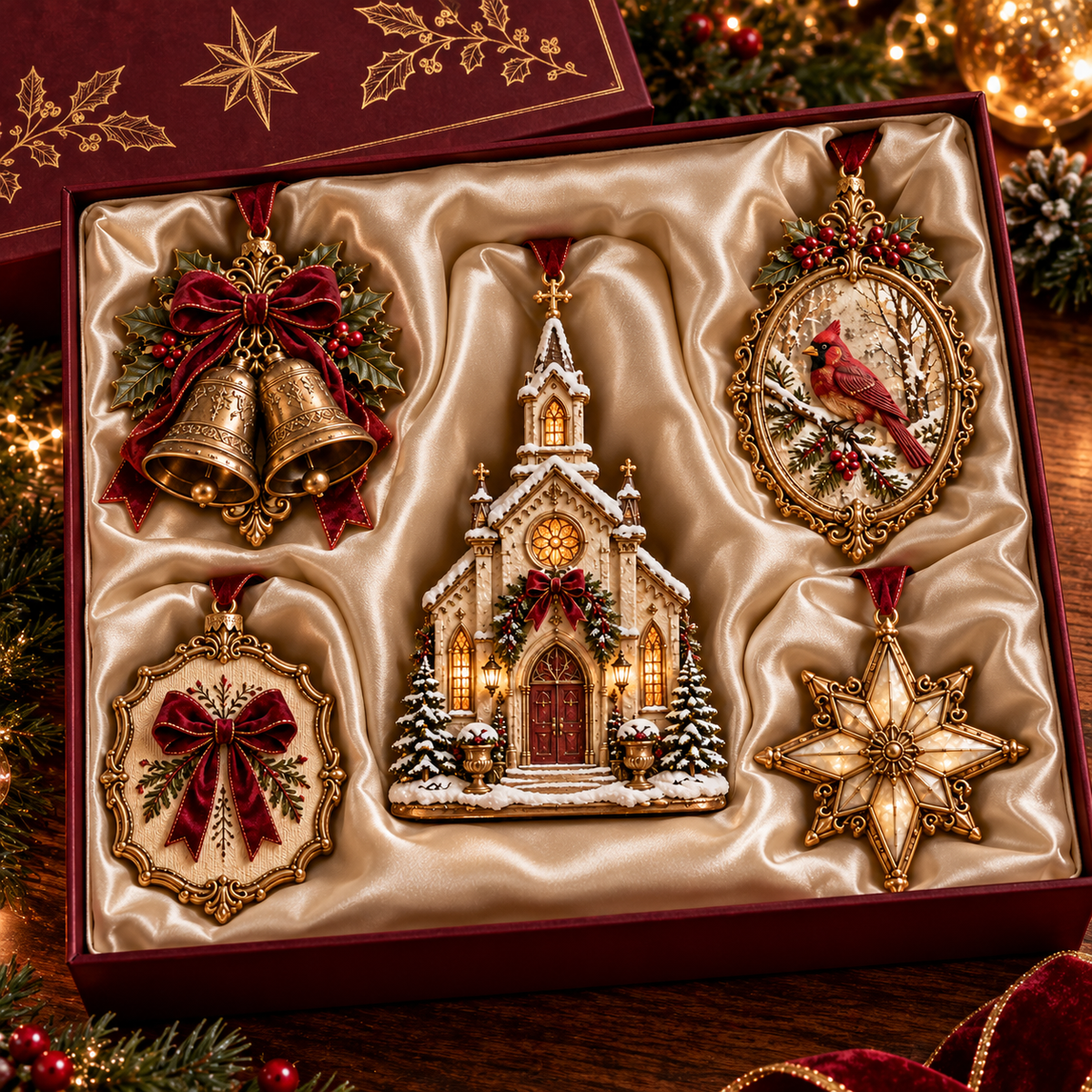 2026 Vintage Christmas Ornament Set – 5 Elegant Designs in Burgundy & Gold