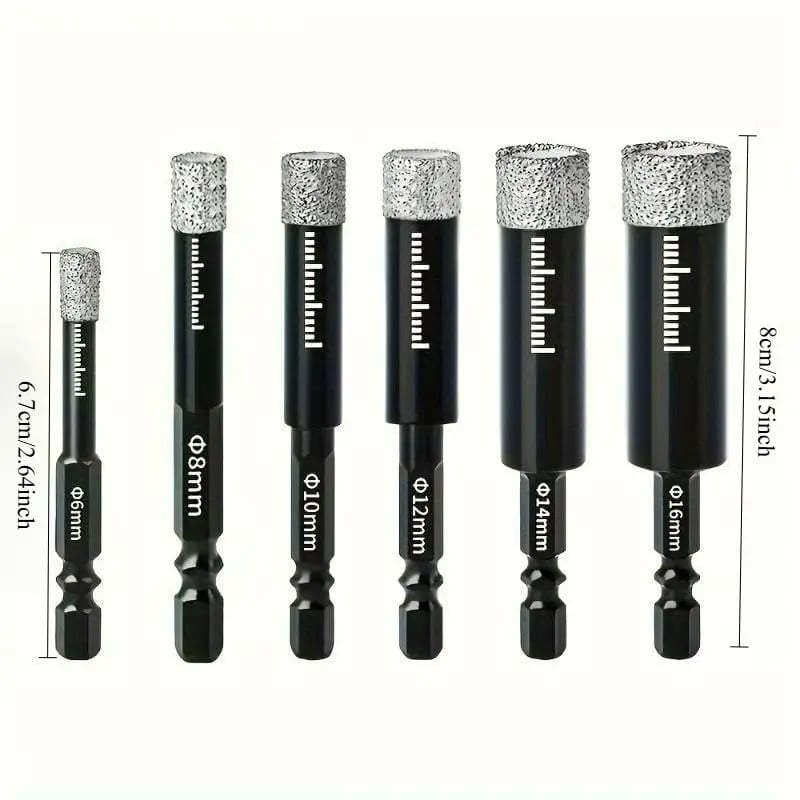 ❤️🔥49% OFF | 6Pcs Dry Diamond Drill Bit Set 🛠 Hex Shank Brazed Hole Saw for Tile, Glass & Granite