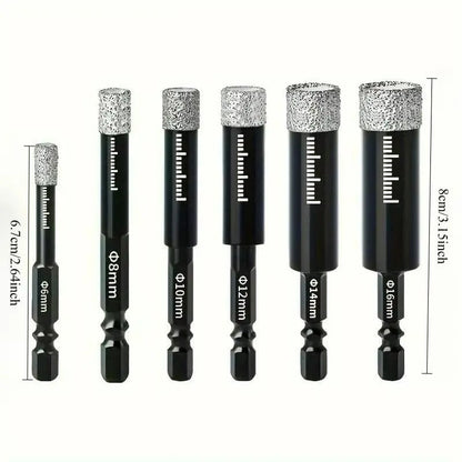 ❤️🔥49% OFF | 6Pcs Dry Diamond Drill Bit Set 🛠 Hex Shank Brazed Hole Saw for Tile, Glass & Granite