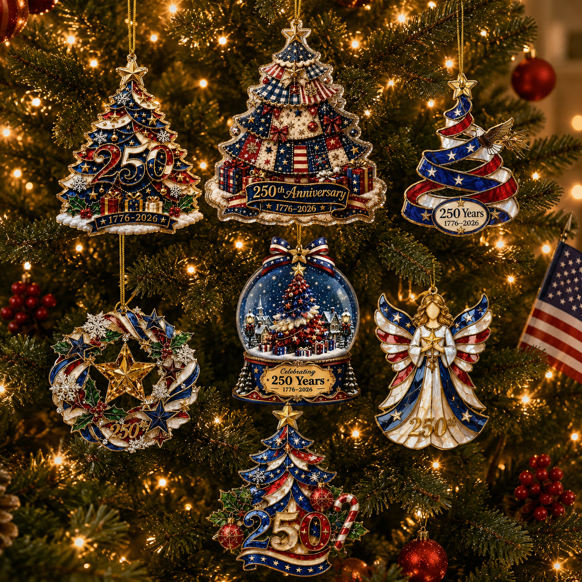 🔥🎄 US 250th Anniversary Christmas Ornament, 6 Vintage American Flag Styles