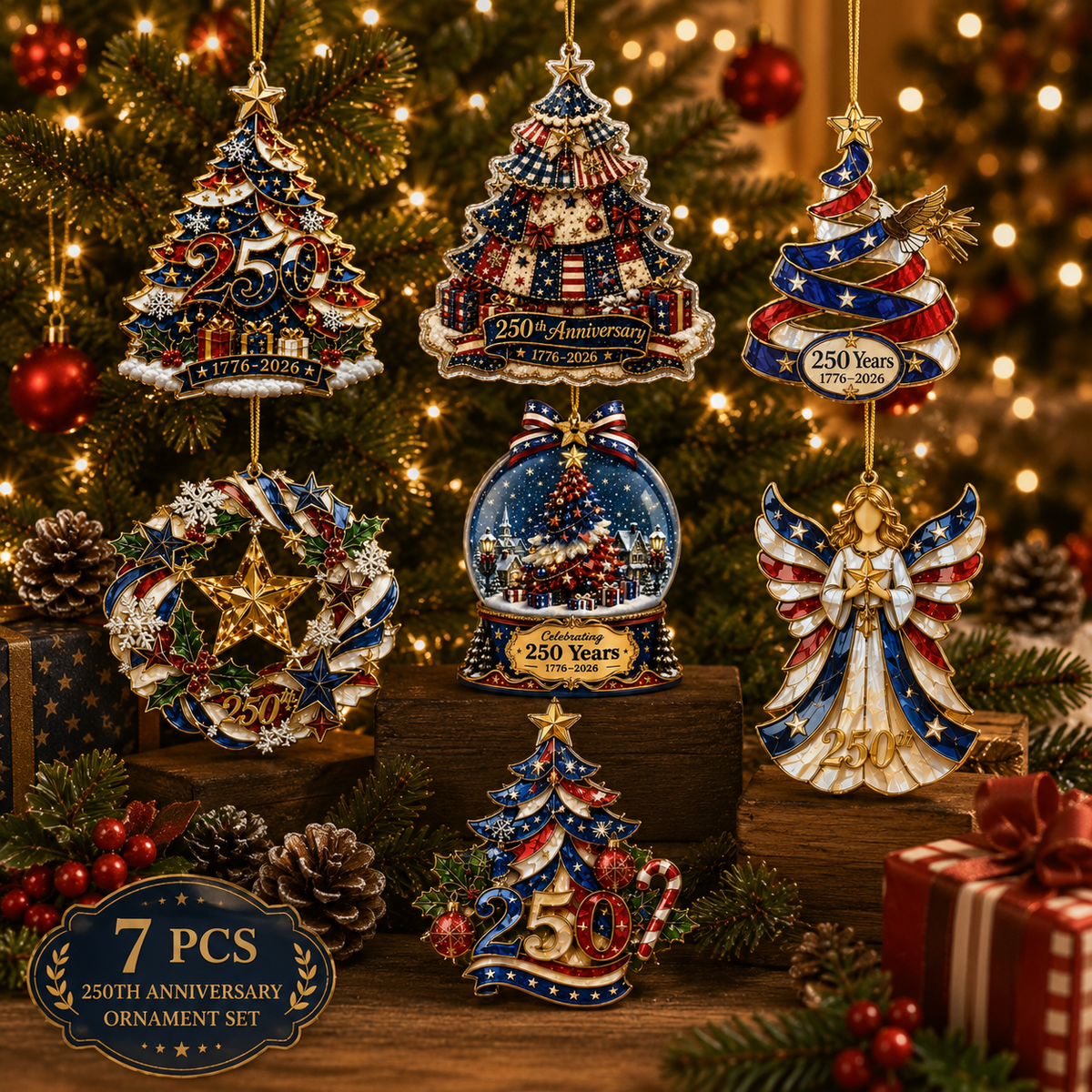 ❤️🔥LIMITED TIME 49% OFF!🔥🎄 US 250th Anniversary Christmas Ornament, 6 Vintage American Flag Styles