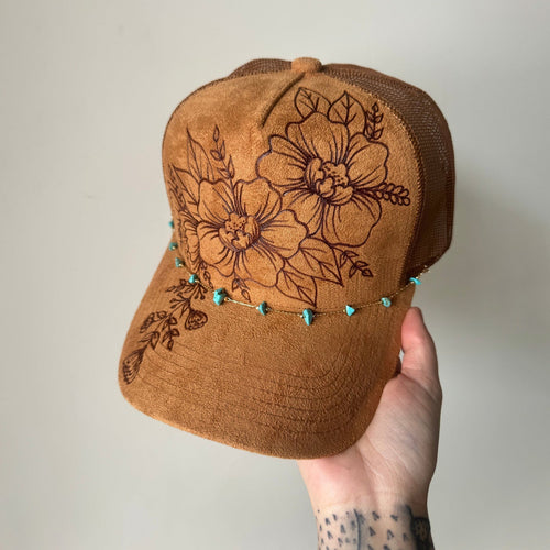 Flower Patch Burned Suede Trucker Hat with Dainty Turquoise Stone Chain