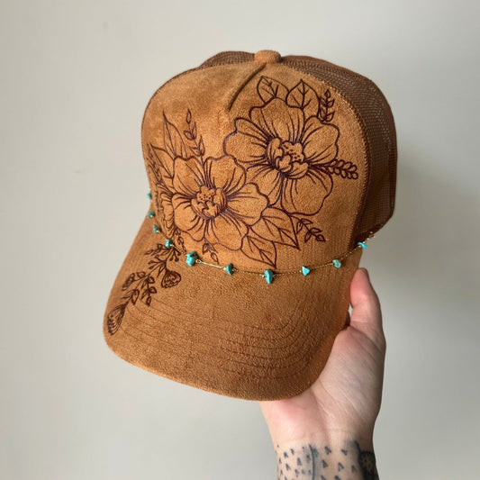 Flower Patch Burned Suede Trucker Hat with Dainty Turquoise Stone Chain