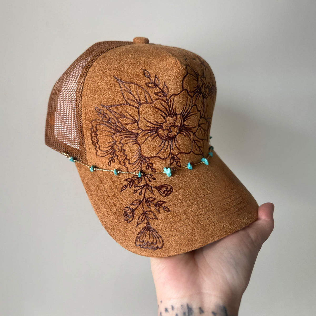 Flower Patch Burned Suede Trucker Hat with Dainty Turquoise Stone Chain