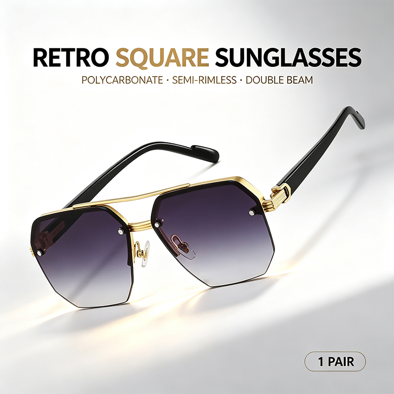 Unisex Retro Square Sunglasses, Polycarbonate Semi-Rimless Double Beam 🕶️ - image 1