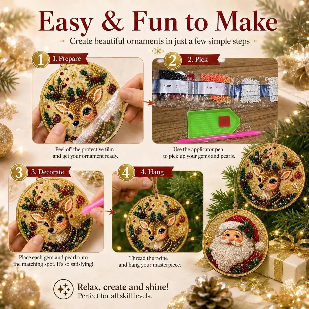 6Pcs/12Pcs Christmas DIY Diamond Painting Ornaments Kit, Xmas Tree Hanging Pendant 🎄 - image 6