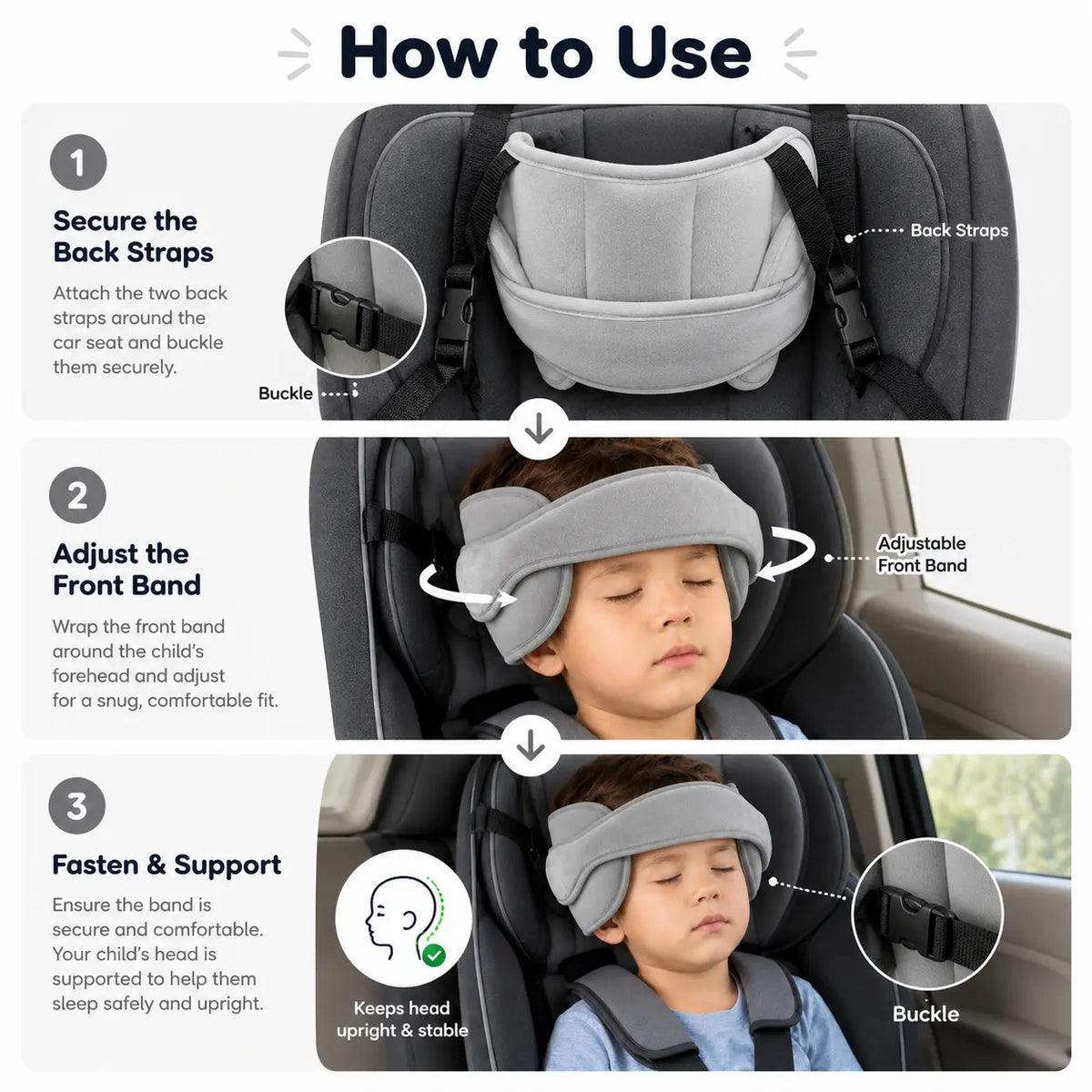Soft Plush Adjustable Car Seat Head Support Strap with Padded Side Cushions for Kids - image 2
